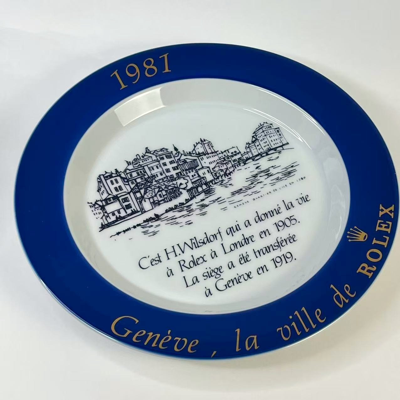 Rolex 1981 Geneva Commemorative Porcelain Plate Blue Gold Vintage